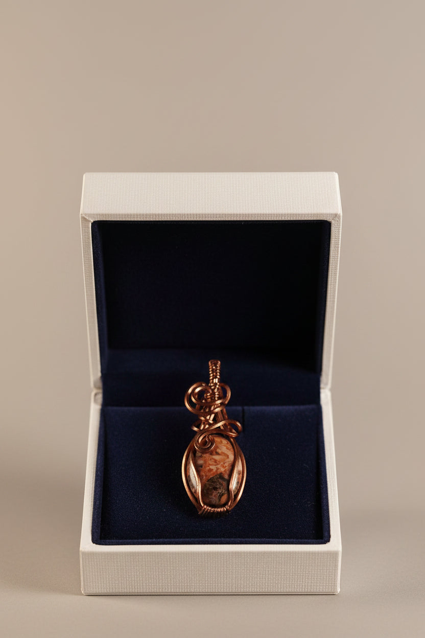 Copper Wire Wrapped Leopard Skin Jasper Stone Pendant