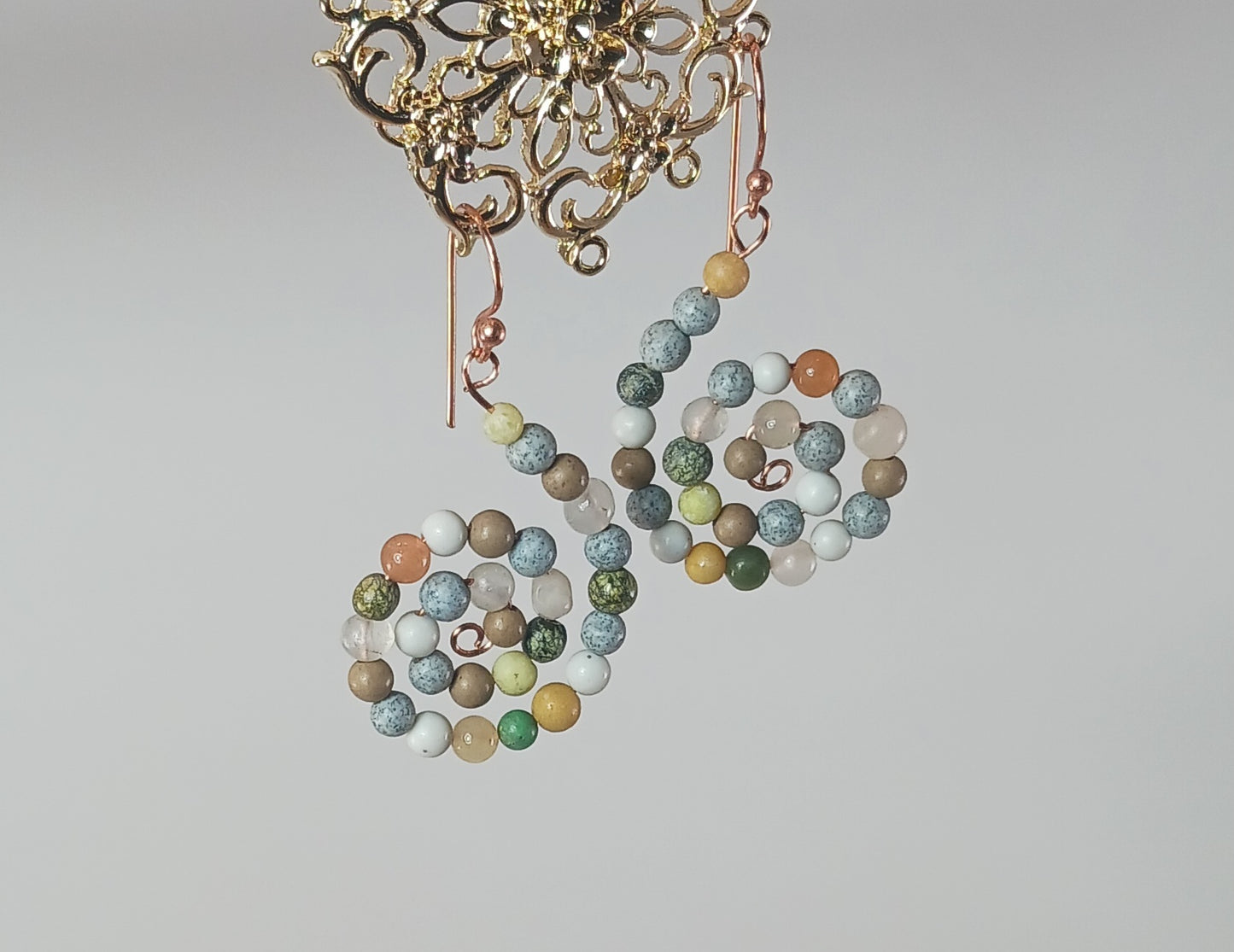 Agate and Jasper Spiral Copper Earrings