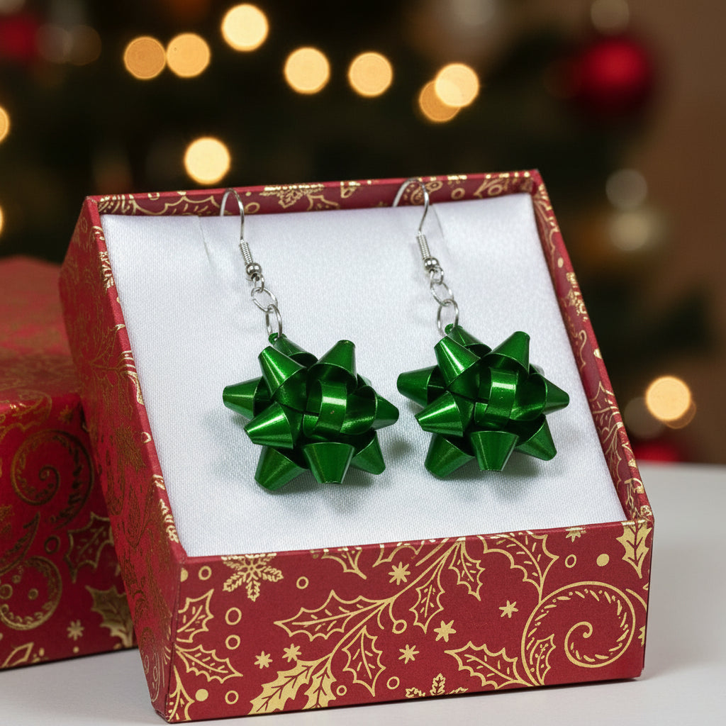 Green Christmas Bow Earrings 🎄